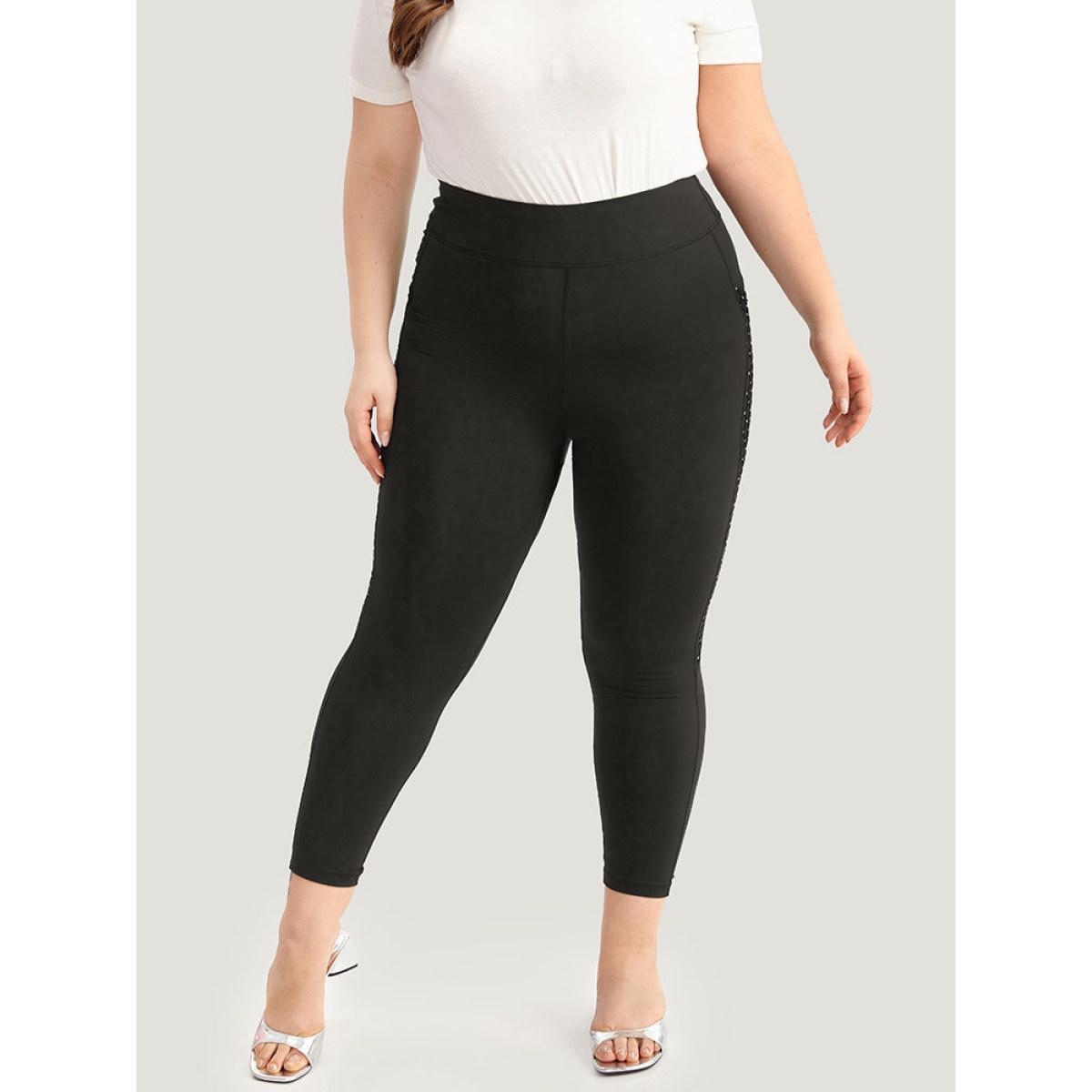 Plus Size Patchwork Glitter Pocket Leggings Women Black Elegant High stretch Skinny High Rise Dailywear Leggings BloomChic 10/M Product Image