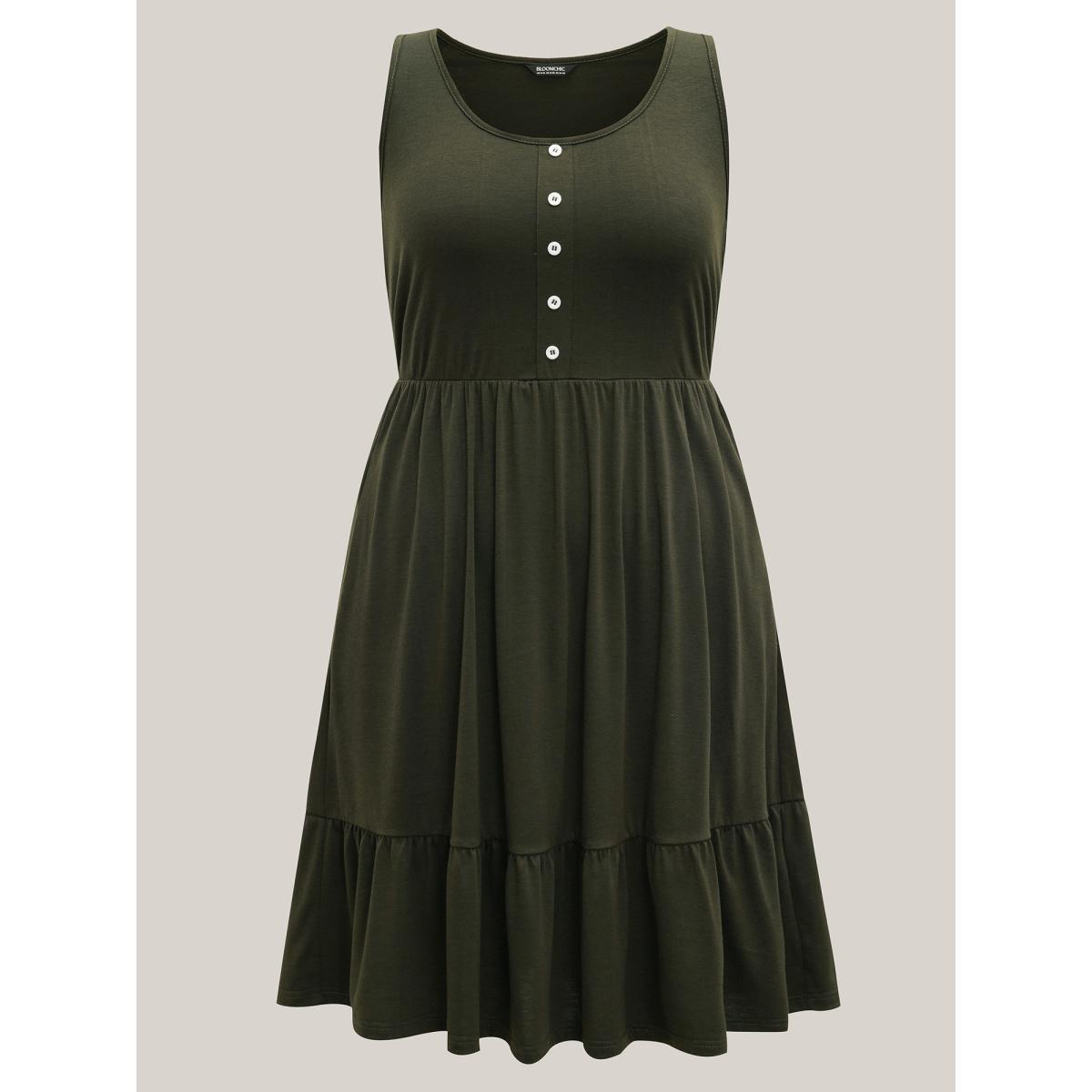 Plus Size Supersoft Stretchy Waist Pockets Midi Dress ArmyGreen Women Casual Button Knit Dresses Bloomchic 10/M Product Image