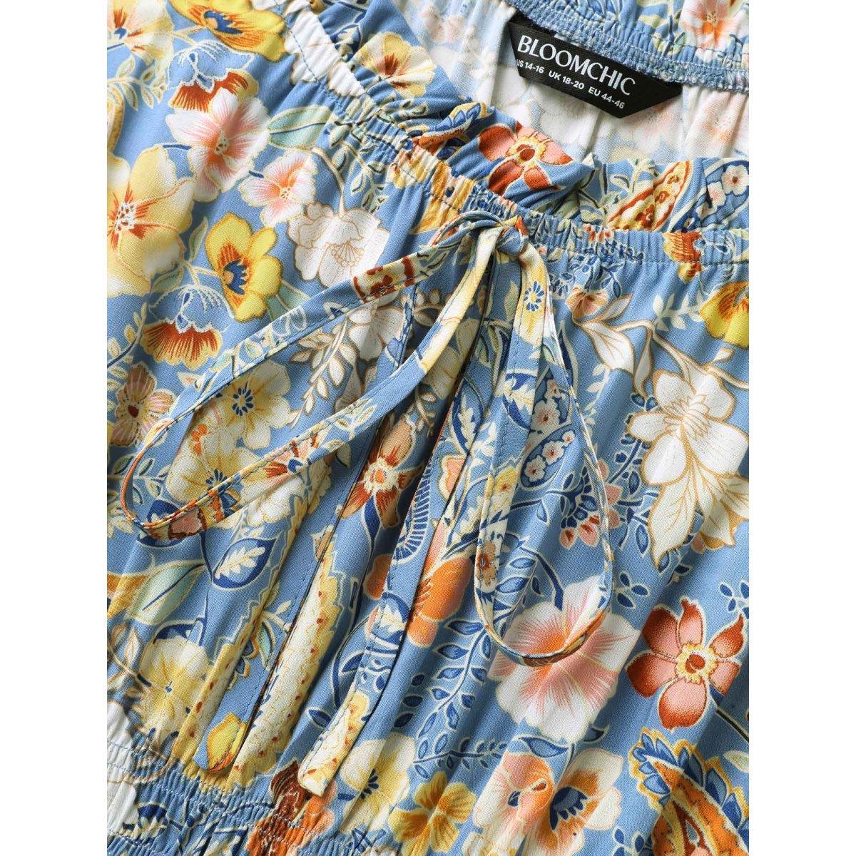 Plus Size Rayon Paisley Ruffled Shirred Waist Midi Dress Skyblue Women Square Neck Short sleeve Curvy BloomChic 26/4X Product Image