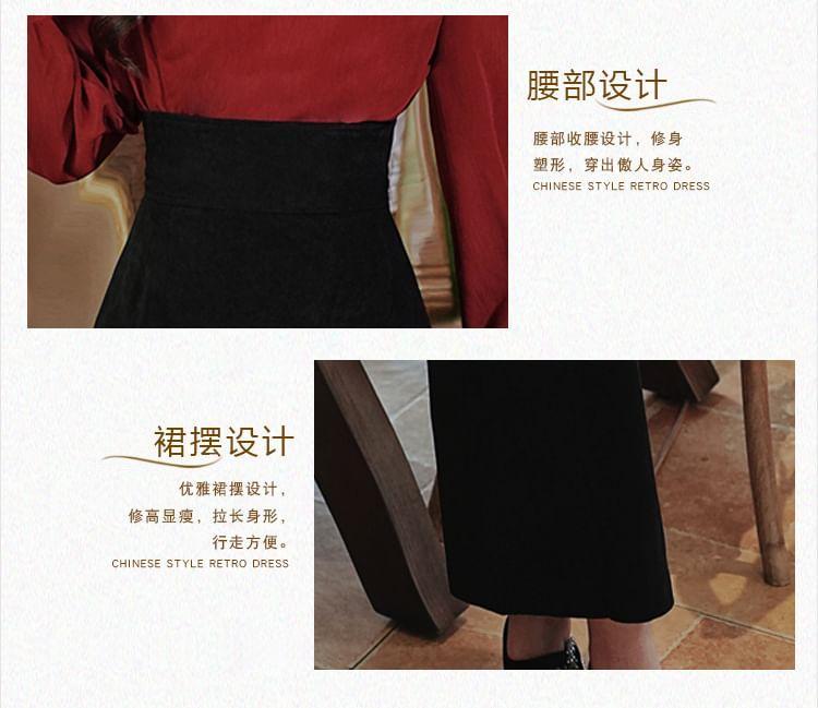 Set: Long-Sleeve V-Neck Plain Frog Button Blouse + High Rise Midi Pencil Skirt Product Image