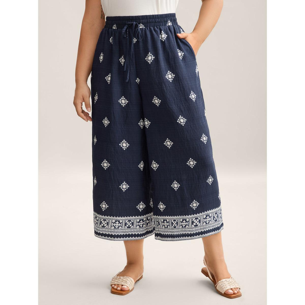 Plus Size Geometric Print Tied Wide-Leg Pants Women Indigo Resort Wide Leg Mid Rise Vacation Pants BloomChic 14-16/1X Product Image