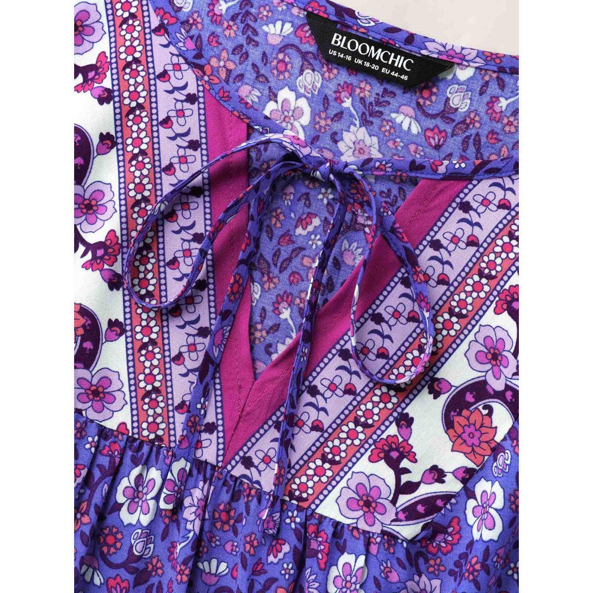 Plus Size BlueViolet Boho Floral Print Neck Tie Blouse Women Short sleeve Notched collar Vacation Blouses BloomChic 14-16/1X Product Image