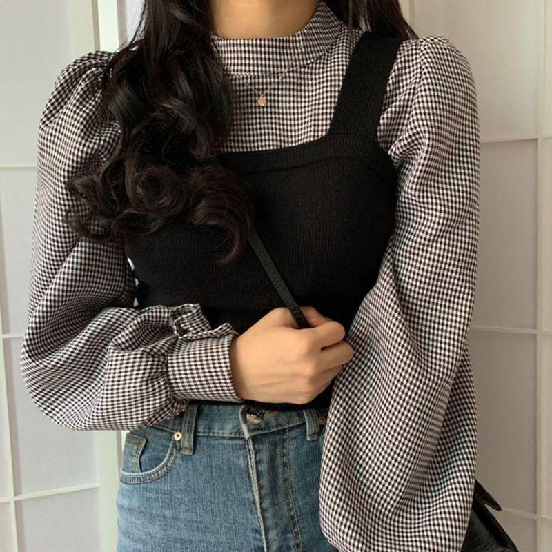 Set: Plaid Blouse + Knit Camisole Product Image