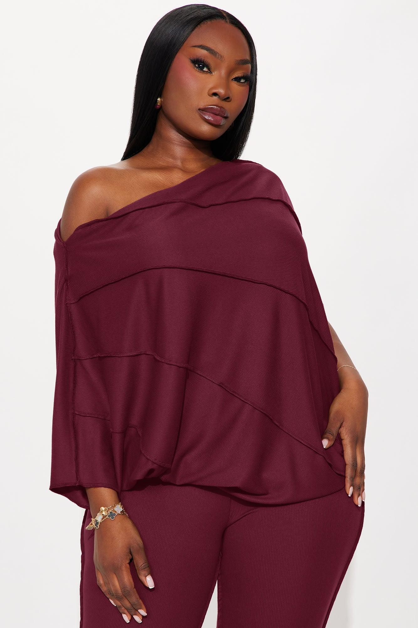 Becca Off Shoulder Ribbed Pant Set - Burgundy Product Image