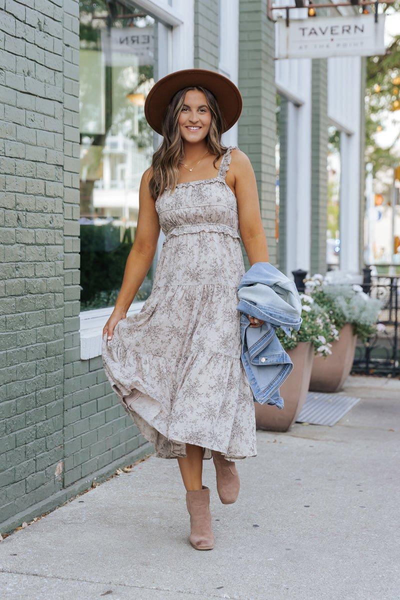 Taupe Print Tiered Midi Dress - FINAL SALE Product Image