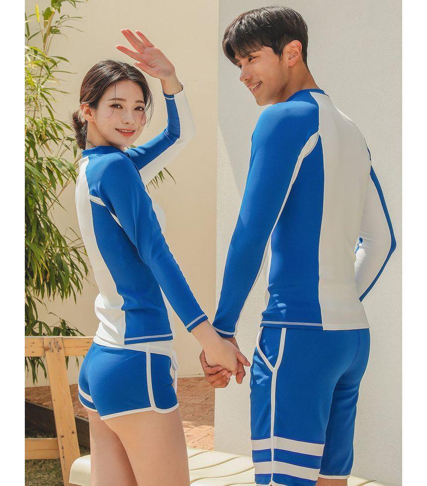 Couple Matching Set: Raglan-Sleeve Zip Swim Top + Shorts (Various Designs) Product Image