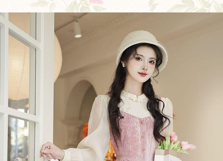 Mock Two-Piece Long-Sleeve Mandarin Collar Floral Velvet Midi A-Line Dress Product Image