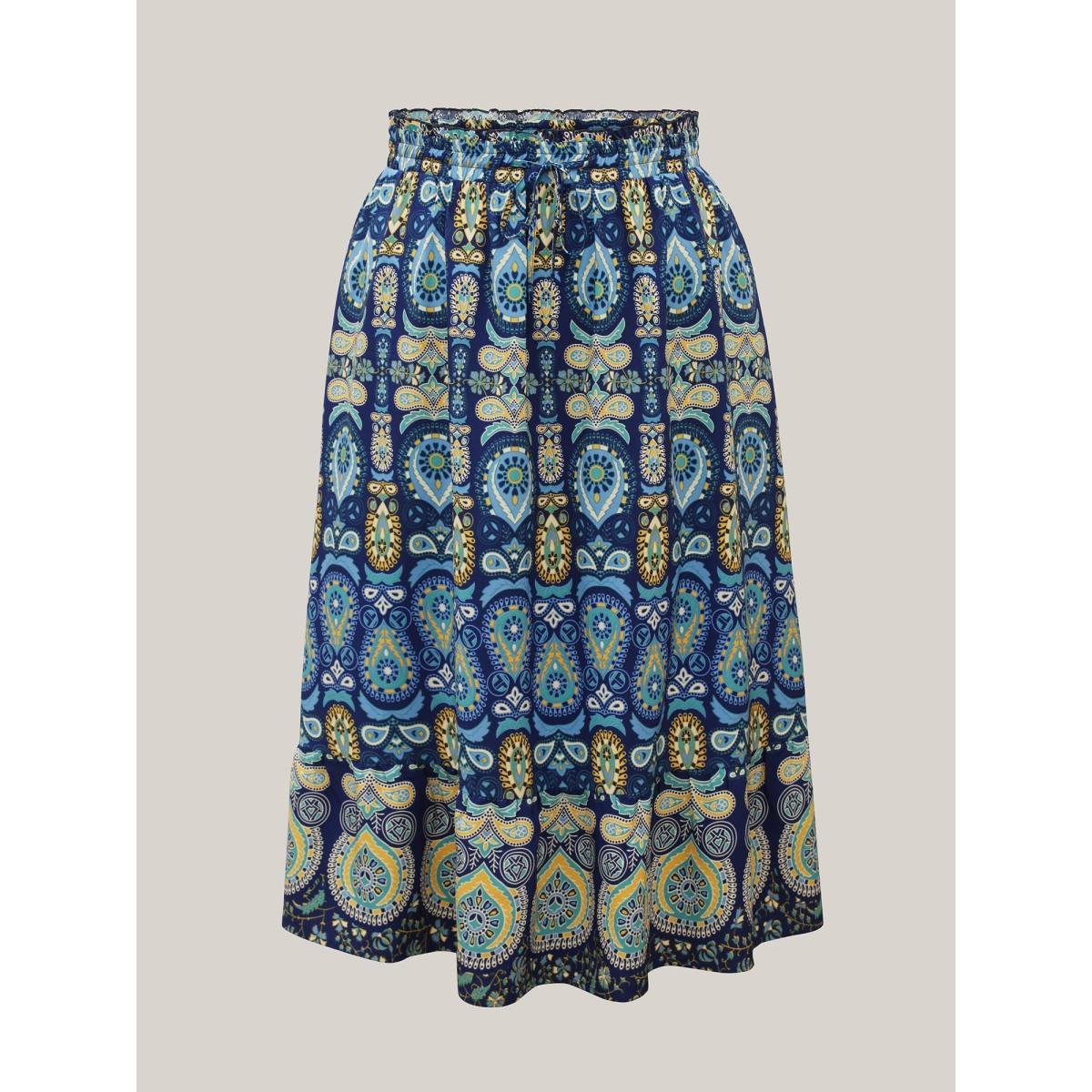 Plus Size Bohemian Floral Print Pleated Maxi Skirt Women Cerulean Resort Pleated Low stretch Slanted pocket Vacation Skirts BloomChic 10/M Product Image