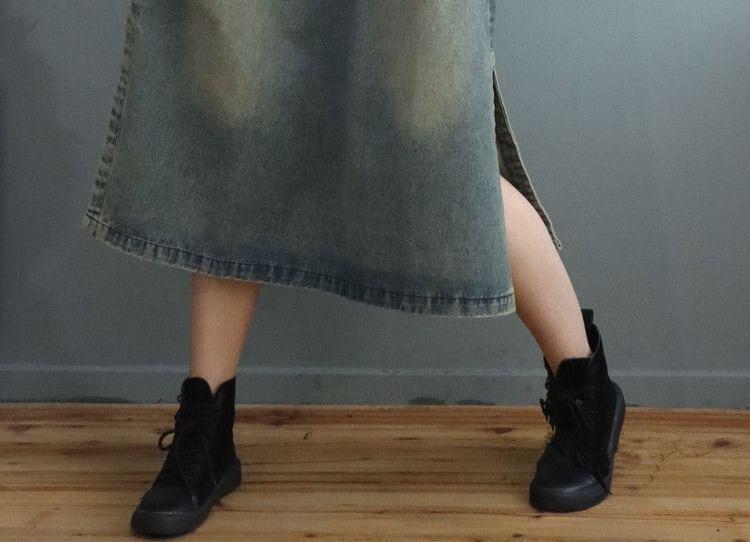 Long-Sleeve Patchwork Hooded Washed Denim Midi Smock Dress Product Image