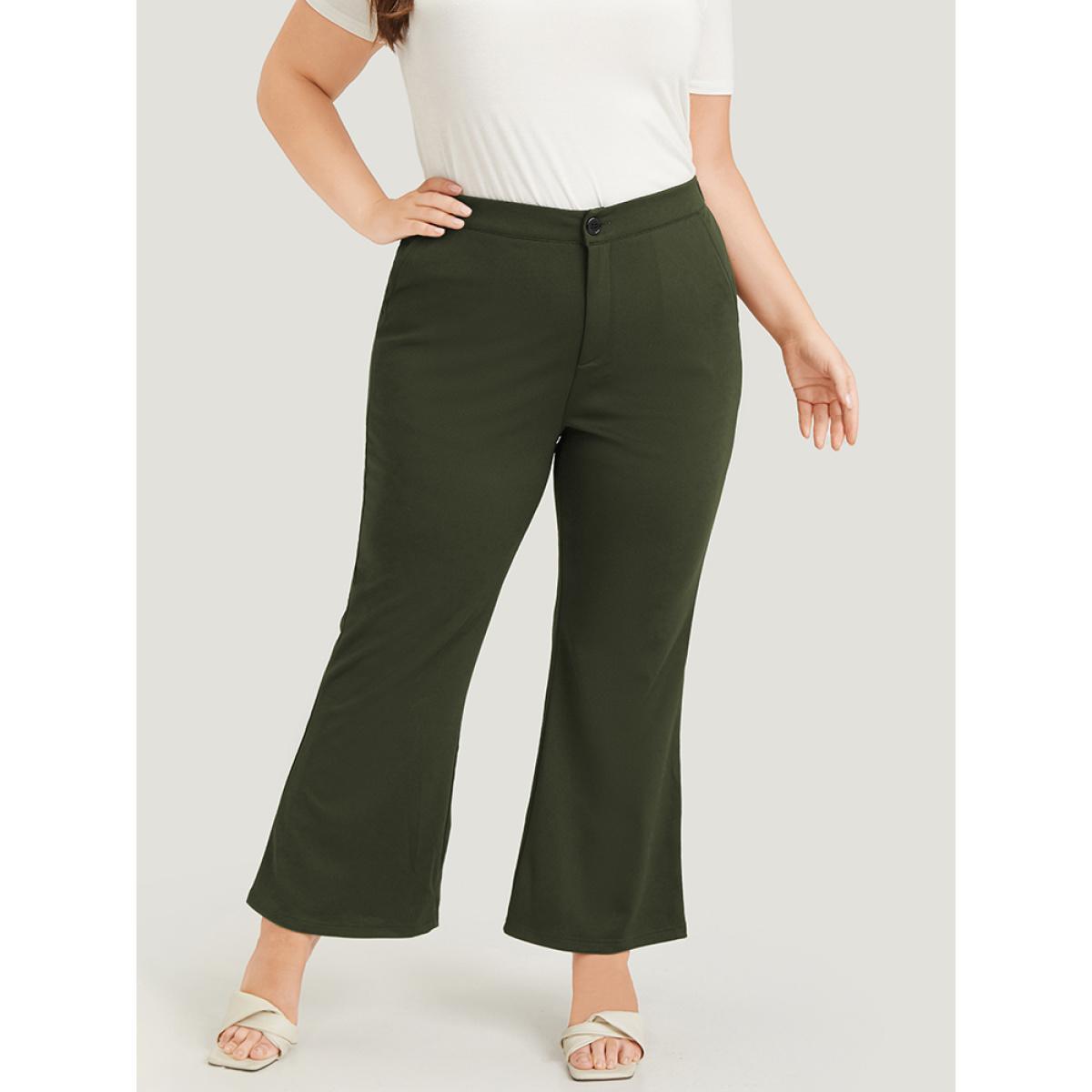 Plus Size Solid Flare Leg Pocket Pants Women ArmyGreen Office Flare Leg High Rise Work Pants BloomChic 12/L Product Image
