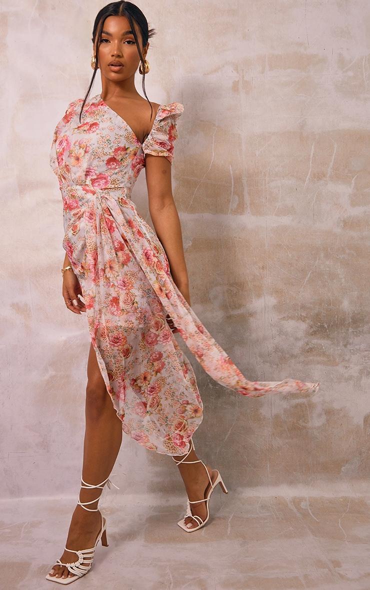 Pink Floral Print One Shoulder Draped Chiffon Bodycon Dress Product Image