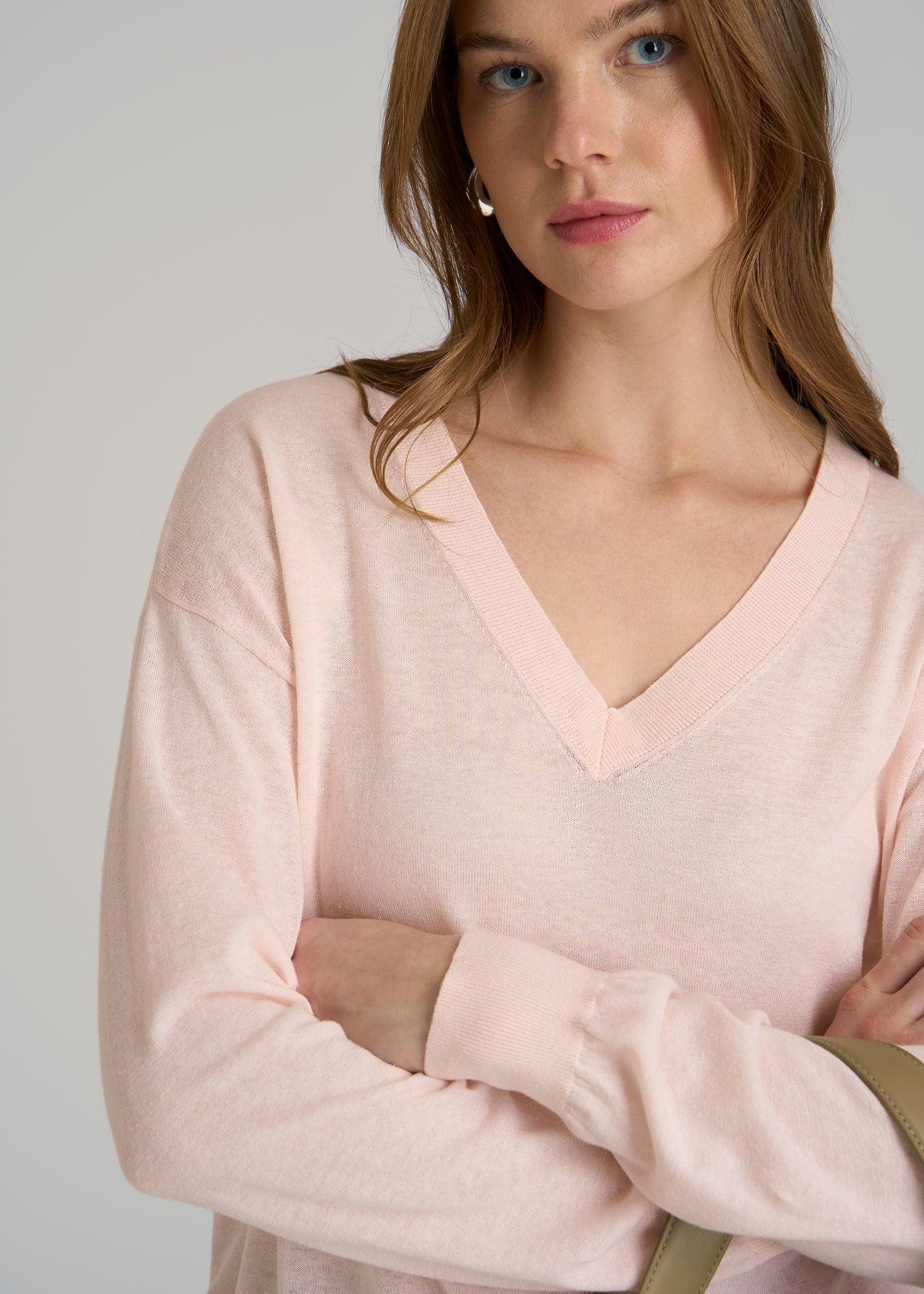 Linen Blend Split Hem V-Neck Sweater for Tall Women in Hush Pink Product Image
