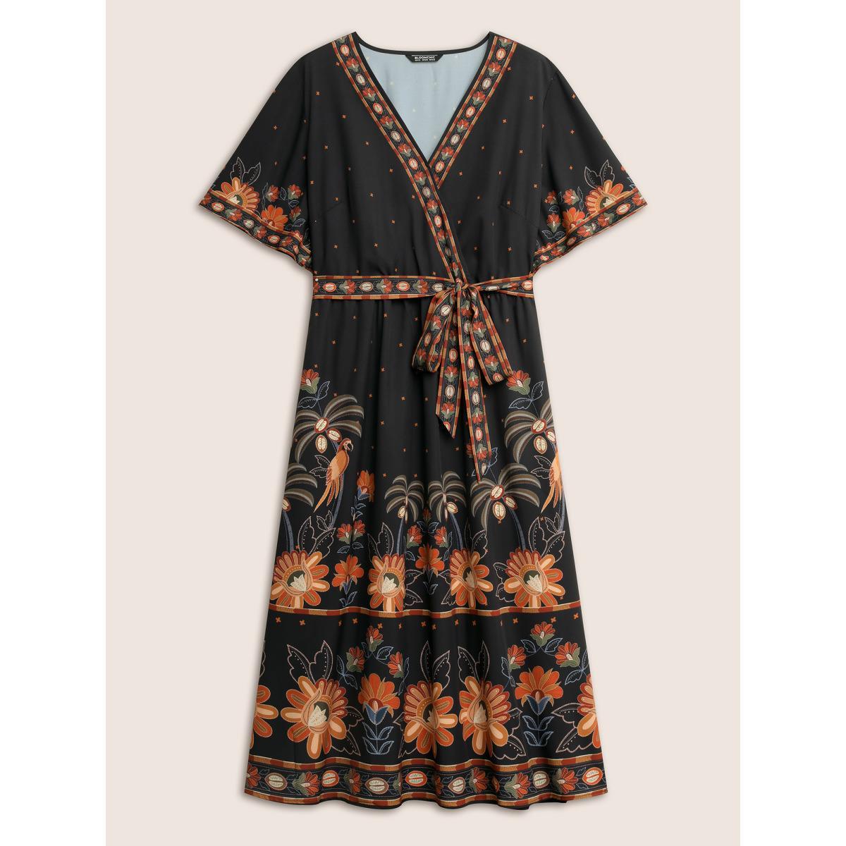 Plus Size Bandana Print Surplice Neck Flutter Sleeve Dress Black Women Resort Non V-neck Short sleeve Curvy Midi Dress BloomChic 22-24/3X Product Image
