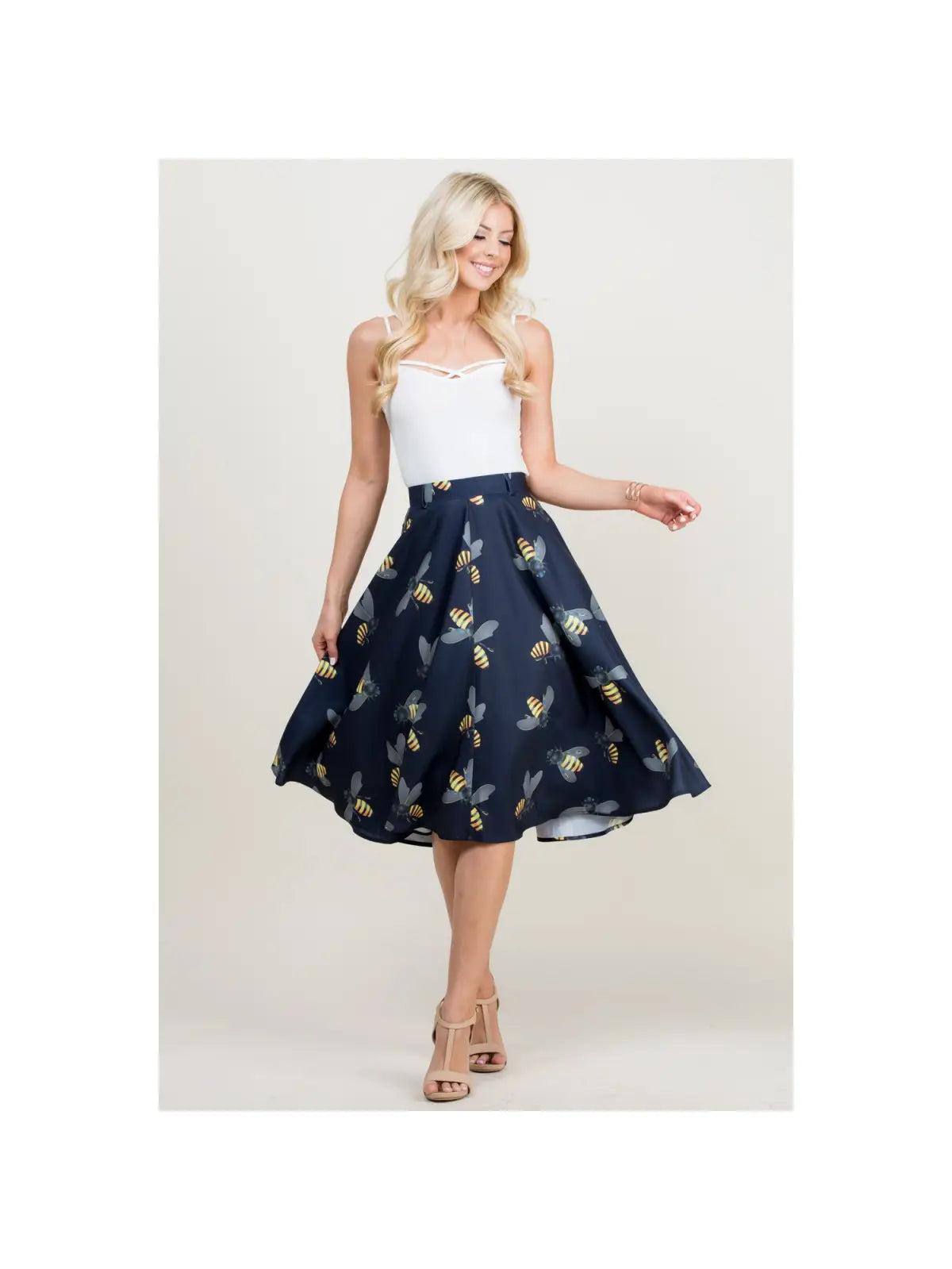 Bee Print Navy Swing Skirt Product Image