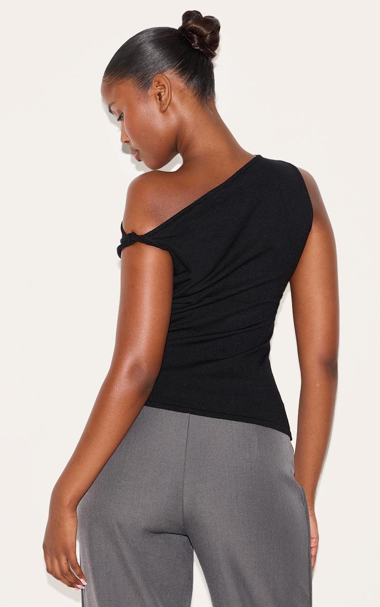  Black Basic Knit Asymmetric Hem Twist Sleeve Vest Top Product Image