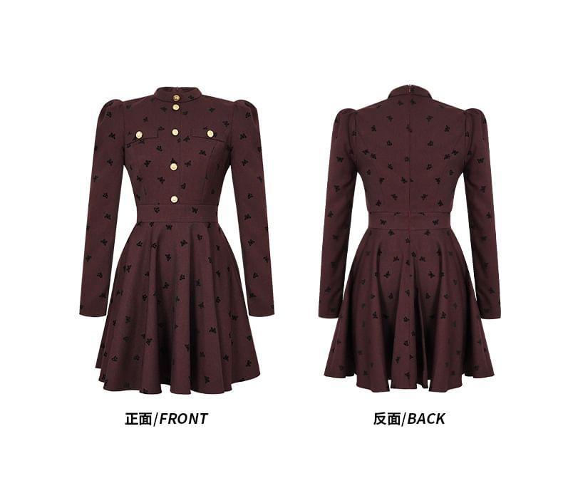 Long-Sleeve Band Collar Butterfly Print Button Mini A-Line Dress Product Image