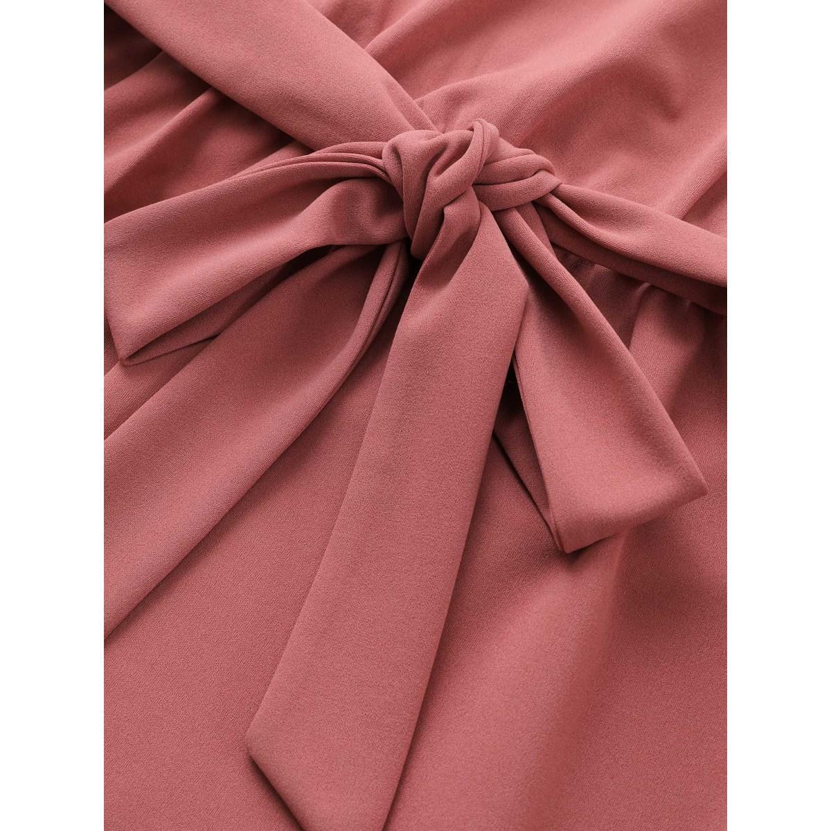 Plus Size DustyPink Asymmetrical Neck Belted Lantern Sleeve Blouse Women Work From Home Long Sleeve Asymmetrical Neck Work Blouses BloomChic 12/L Product Image