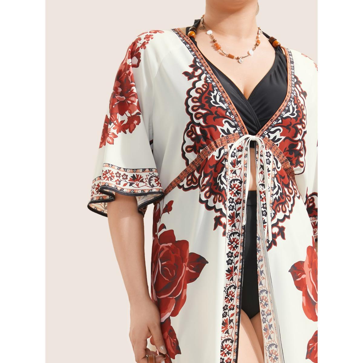 Plus Size Boho Print Ties Raglan Sleeve Flutter Hem Kimono Women White Resort Cross straps Vacation Kimonos BloomChic 10/M Product Image