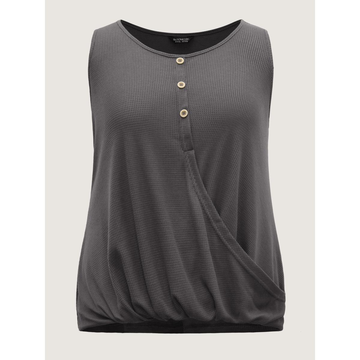 Plus Size Waffle Bubble Hem Buttons Tank Top Women DimGray Overlapping Round Neck Everyday-Casual Tank Tops Camis BloomChic 28/5X Product Image