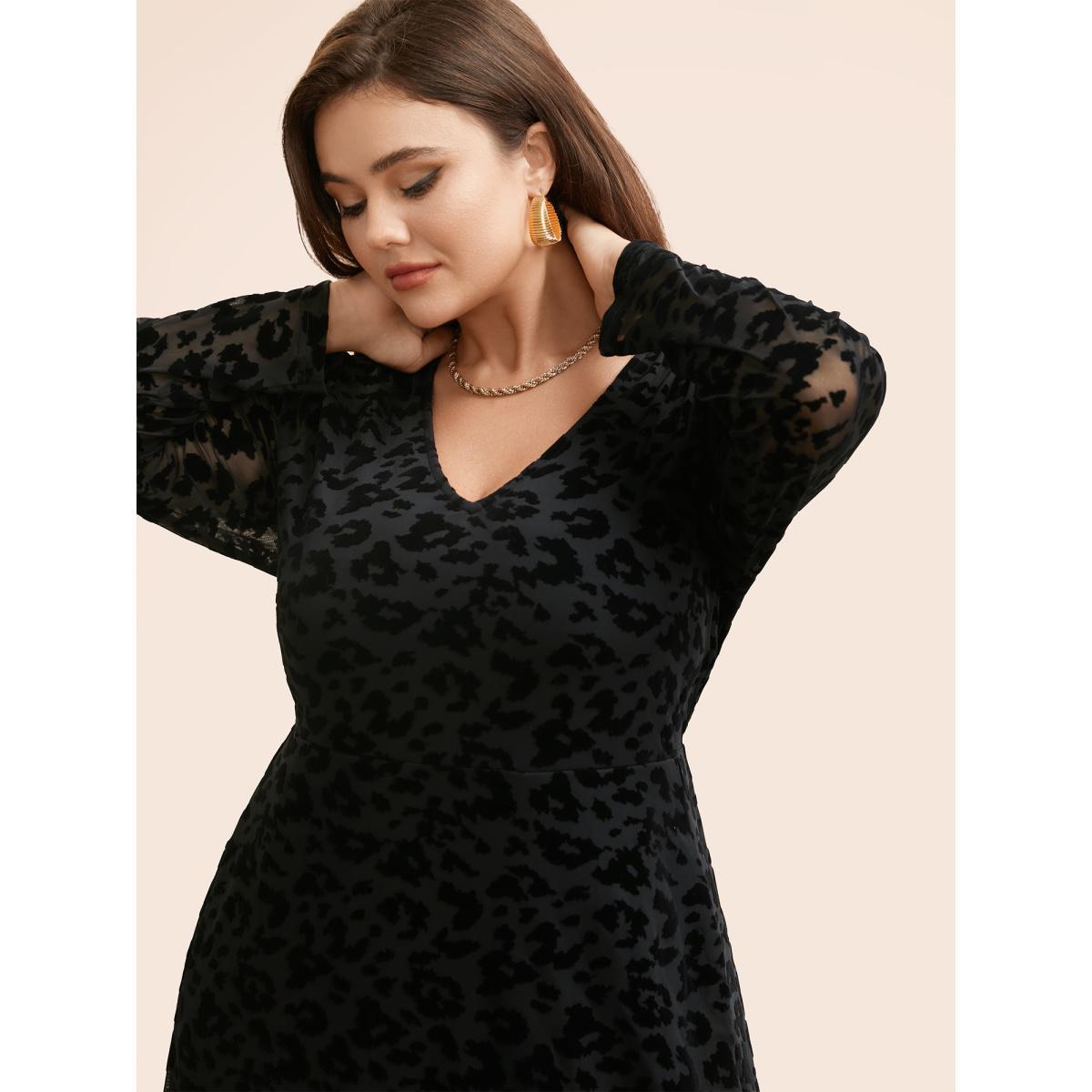 Plus Size V Neck Flocking Mesh Midi Dress Black Women Elegant Texture V-neck Long Sleeve Curvy BloomChic 28/5X Product Image
