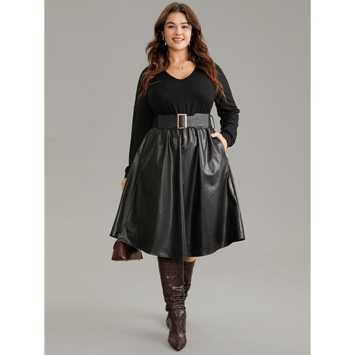 Plus Size PU Patchwork V Neck Dress With Belt Black Women Office Plain V-neck Long Sleeve Curvy Knee Dress BloomChic 12/L Product Image