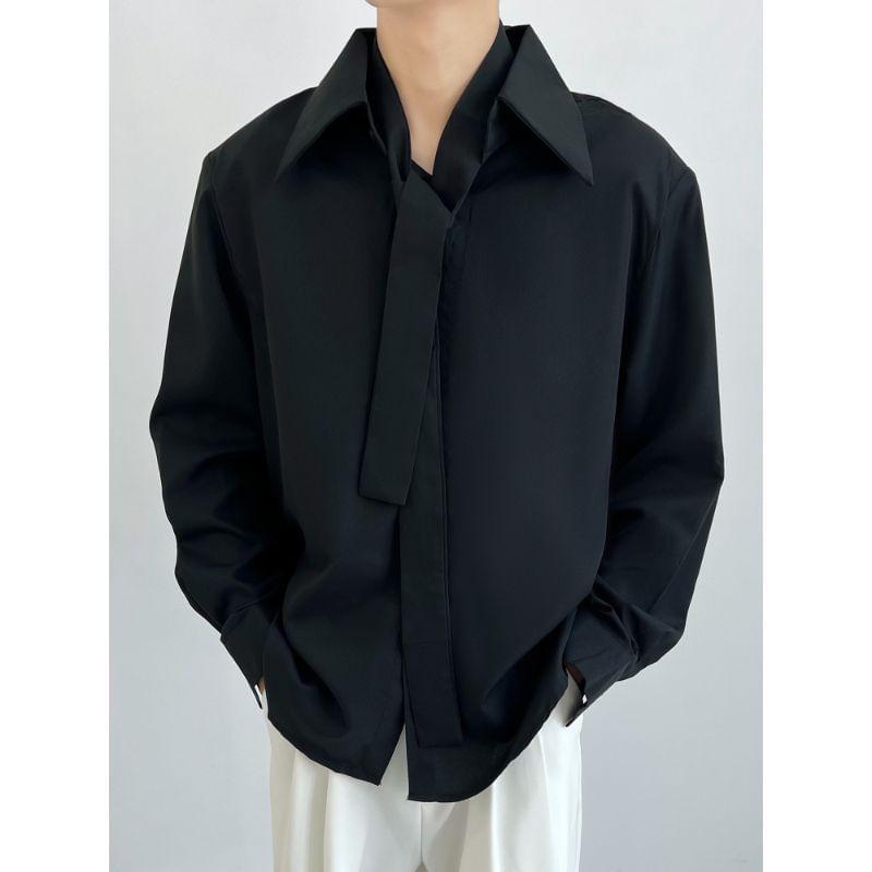 Long Sleeve Collared Plain Button Shirt Product Image