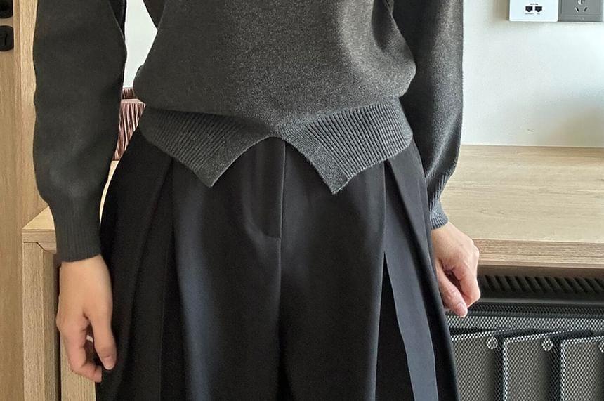 Long-Sleeve High Neck Plain Slit Sweater Product Image