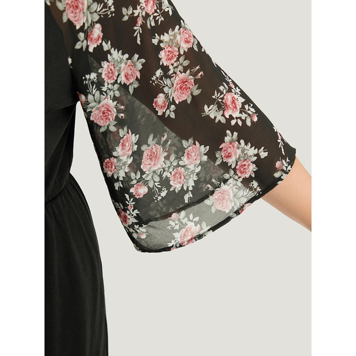 Plus Size BlackFlower Floral Print Ruffles V Neck Raglan Sleeve Jumpsuit Women Elegant Elbow-length sleeve V-neck Dailywear Loose Jumpsuits BloomChic 18-20/2X Product Image