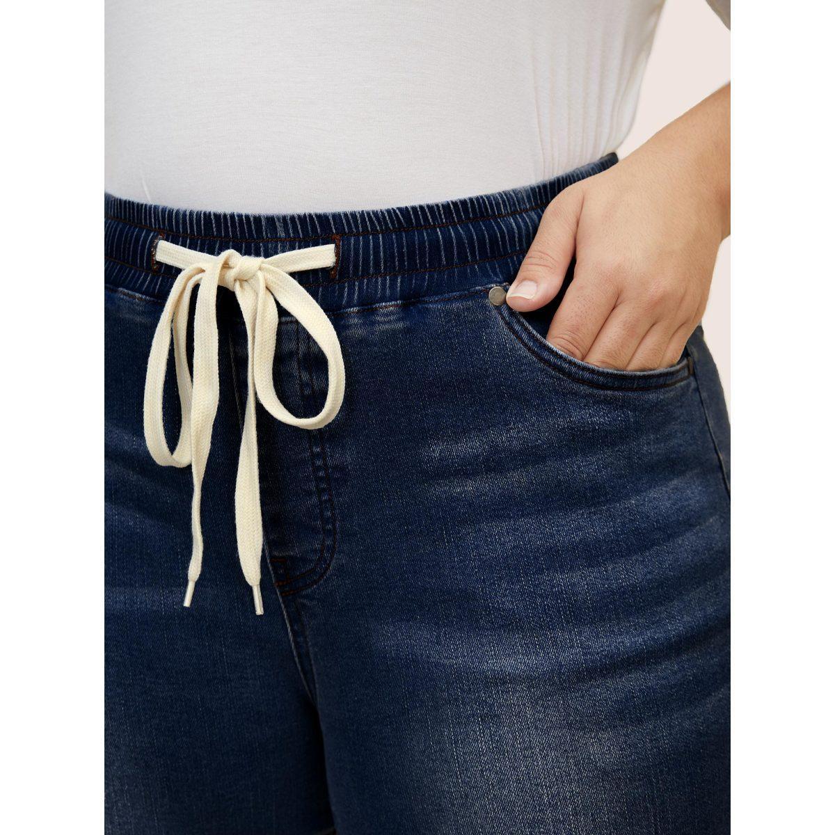 Plus Size Light Wash Drawstring Cropped Wide Leg Jeans Women Denimindigo Casual Drawstring High stretch Slanted pocket Jeans BloomChic 12/L Product Image