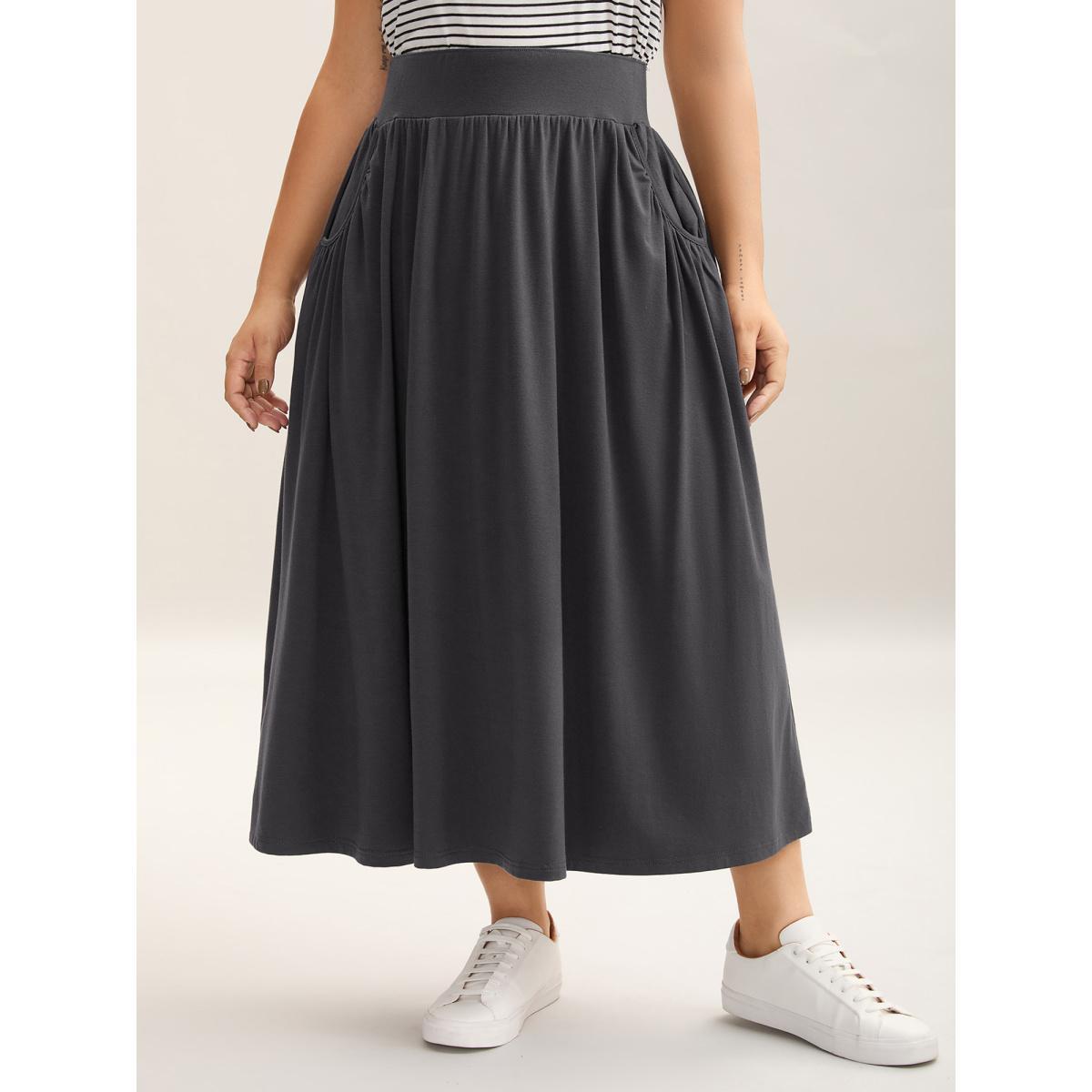 Plus Size Supersoft Wide Waistband Pleated Plain Midi Skirt Women DimGray Elegant Gathered Medium stretch Slanted pocket Everyday Skirts BloomChic 30/6X Product Image