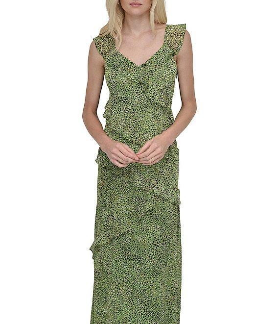 DKNY by Donna Karan Chiffon Dotted Print V Neck Sleeveless Ruffle Sheath Dress Product Image