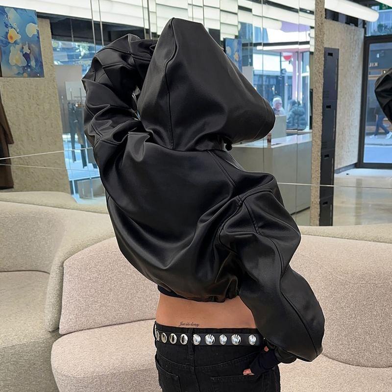 Faux Leather Hooded Zip-Up Crop Jacket Product Image