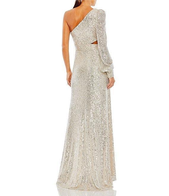 Mac Duggal Sequin Asymmetrical Neck Long Balloon Sleeve Cut Out Side Thigh High Slit Ruffle Hem Gown Product Image