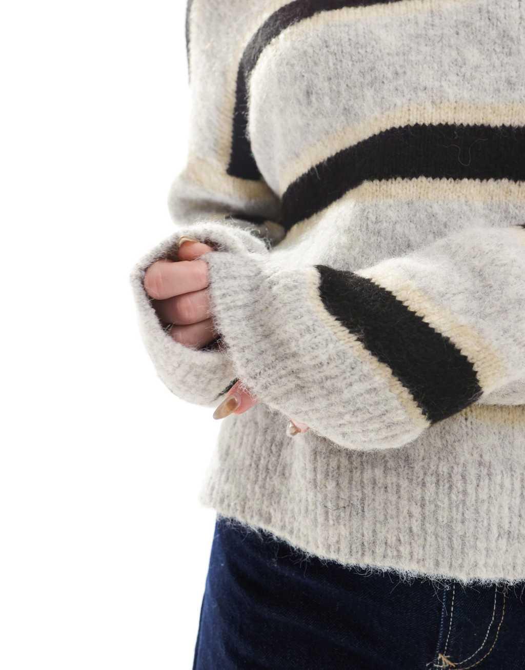 ASOS DESIGN wool blend fluffy knitted sweater in black stripe Product Image