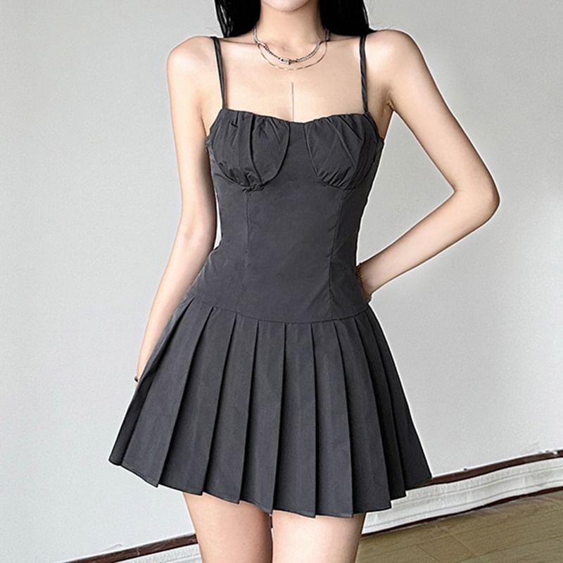 Spaghetti Strap Ruched Bust Pleated Mini Dress Product Image