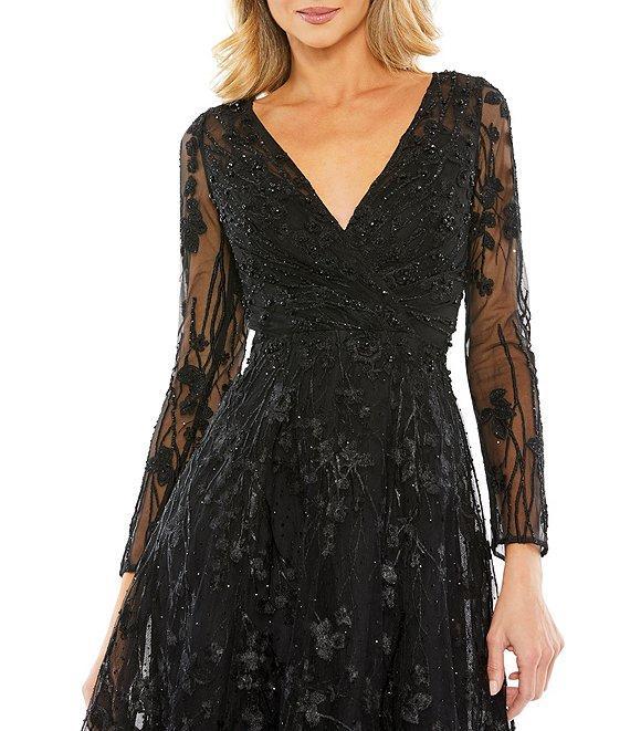 Mac Duggal V-Neck Embellished Floral Mesh Midi Dress Product Image