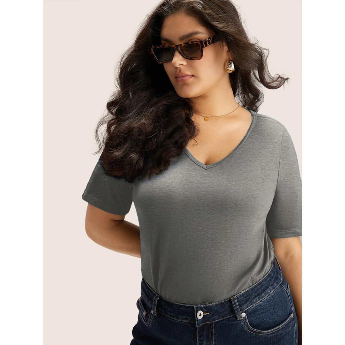 Plus Size Cotton V Neck Plain Basic T-shirt Mediumgray Women Basics Non Plain V-neck Everyday T-shirts BloomChic 12/L Product Image
