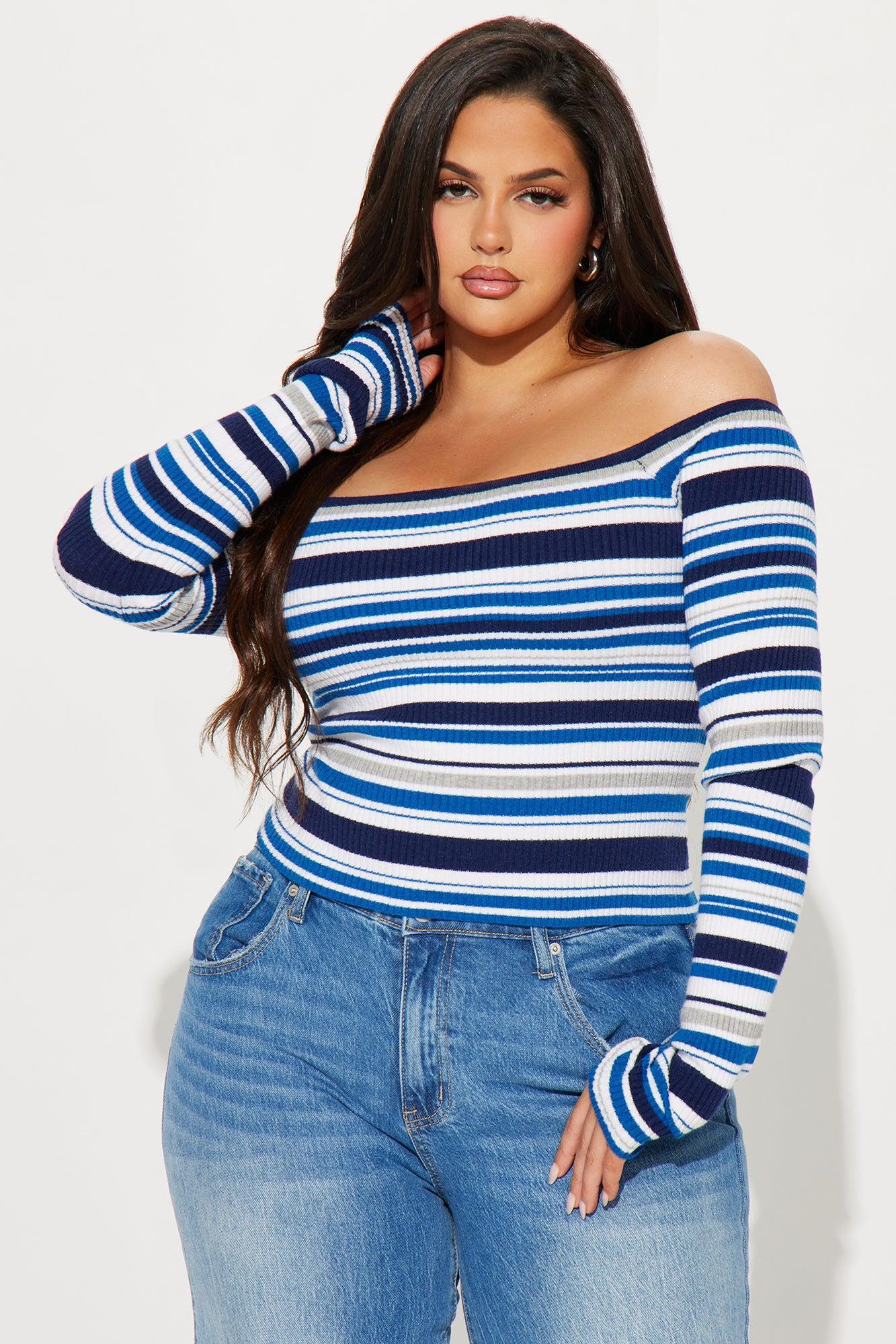 Madisyn Off Shoulder Striped Sweater - Navy/combo Product Image