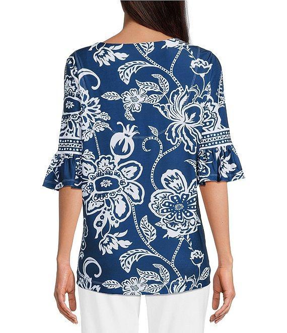Ali Miles Floral U-Shaped Neck Elbow Sleeve Tunic Product Image