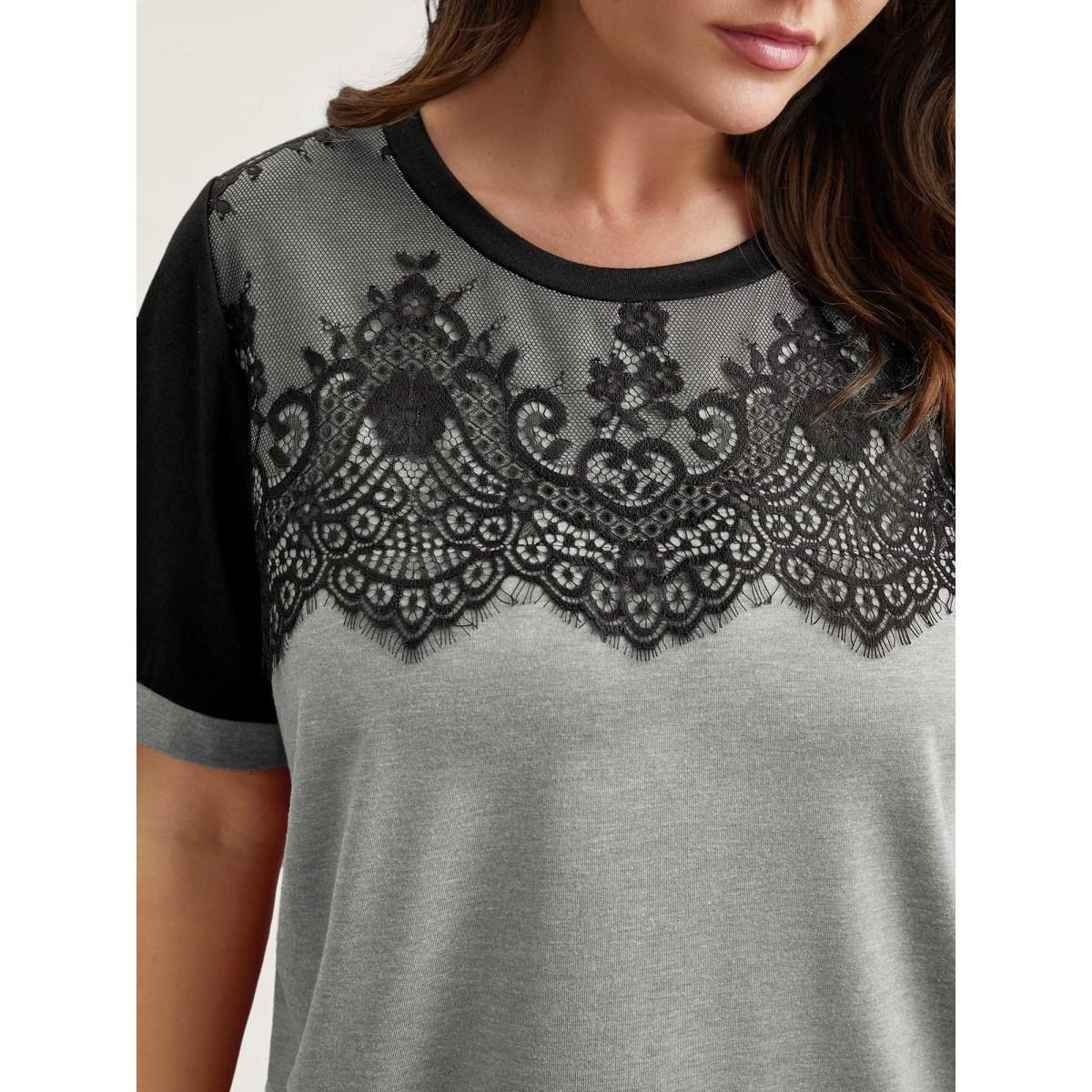 Plus Size Stretchy Scalloped Lace Color Contrast T-Shirt LightGray Women Elegant Contrast Round Neck Everyday T-shirts BloomChic 14-16/1X Product Image