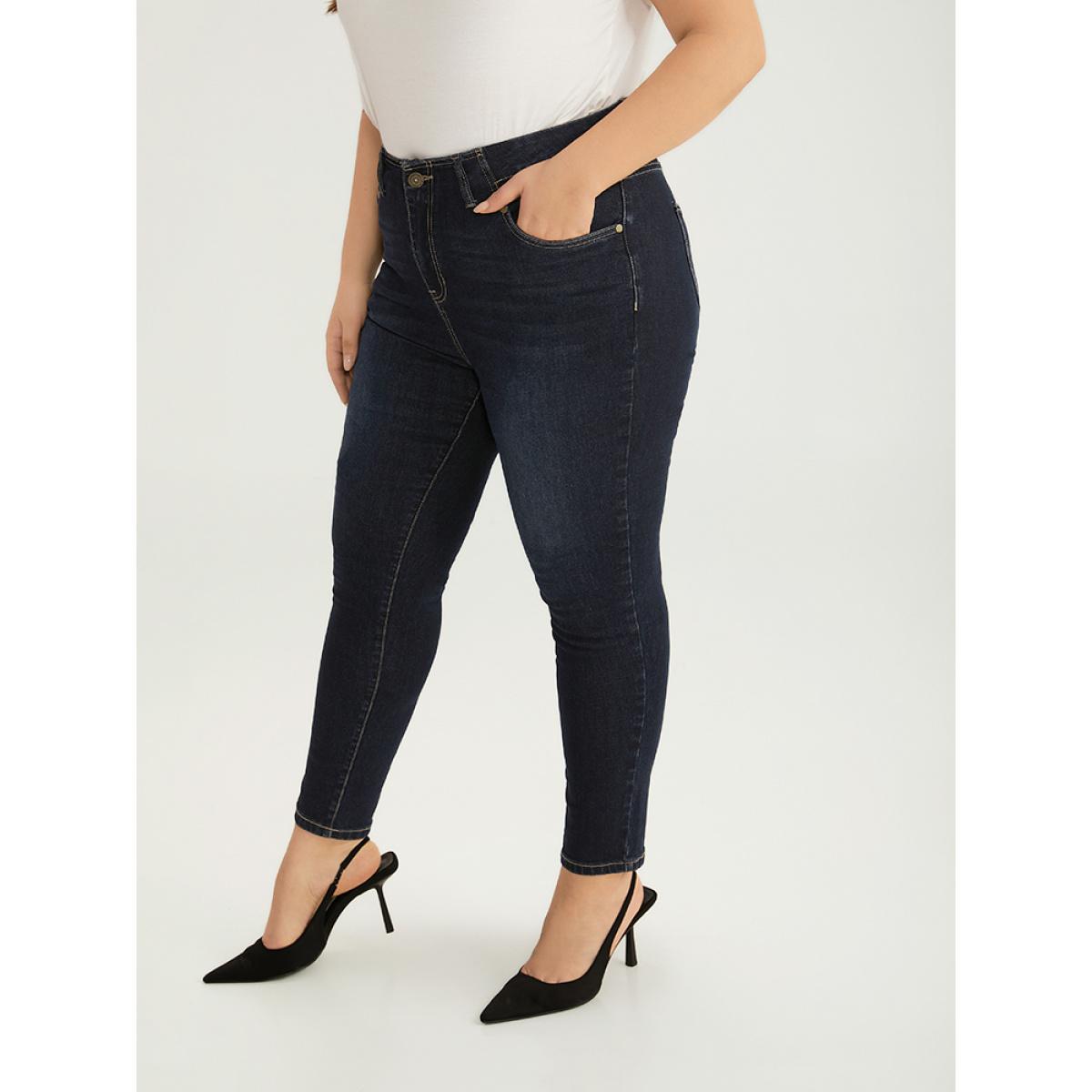 Plus Size Solid Stitch Very Stretchy Patchwork Waist Jeans Women Midnight Casual Plain Plain High stretch Pocket Jeans BloomChic 24/3X Product Image