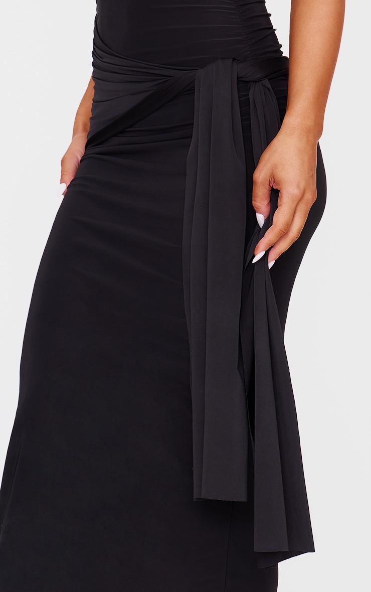 Black Slinky Off Shoulder Wrap Detail Maxi Dress Product Image