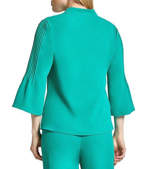 Ming Wang Crepe Pintuck Mandarin Collar V-Neck 3/4 Sleeve Blouse Product Image