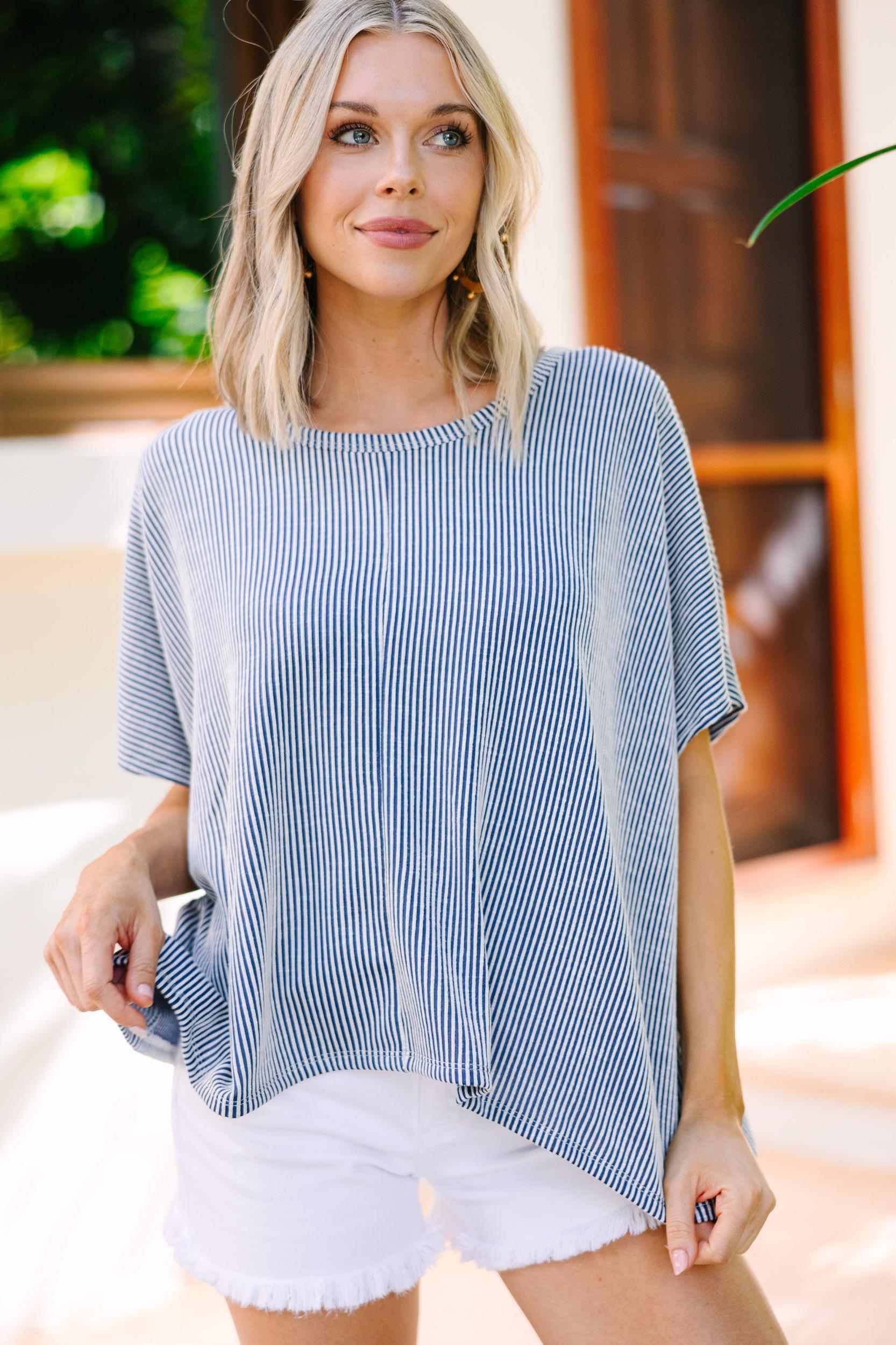 Confident Decisions Denim Blue Ribbed Top Female Product Image