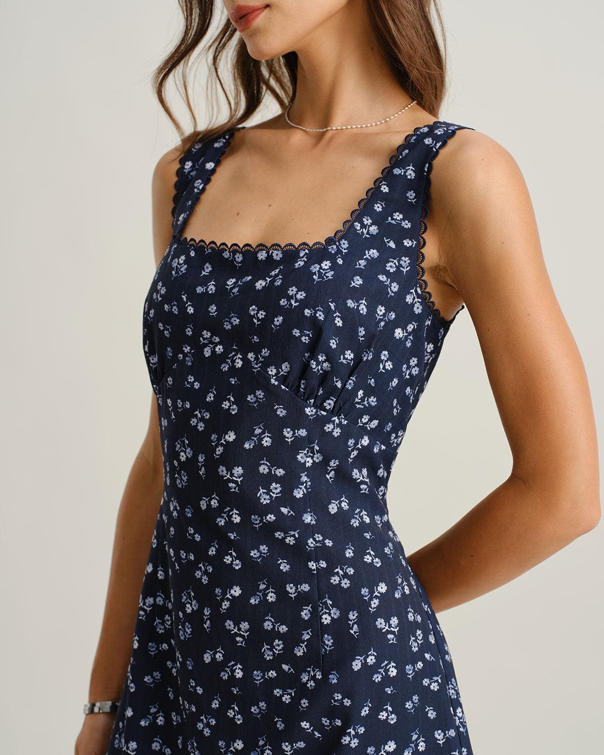 Navy Floral Square Neck Slip Mini Dress Product Image