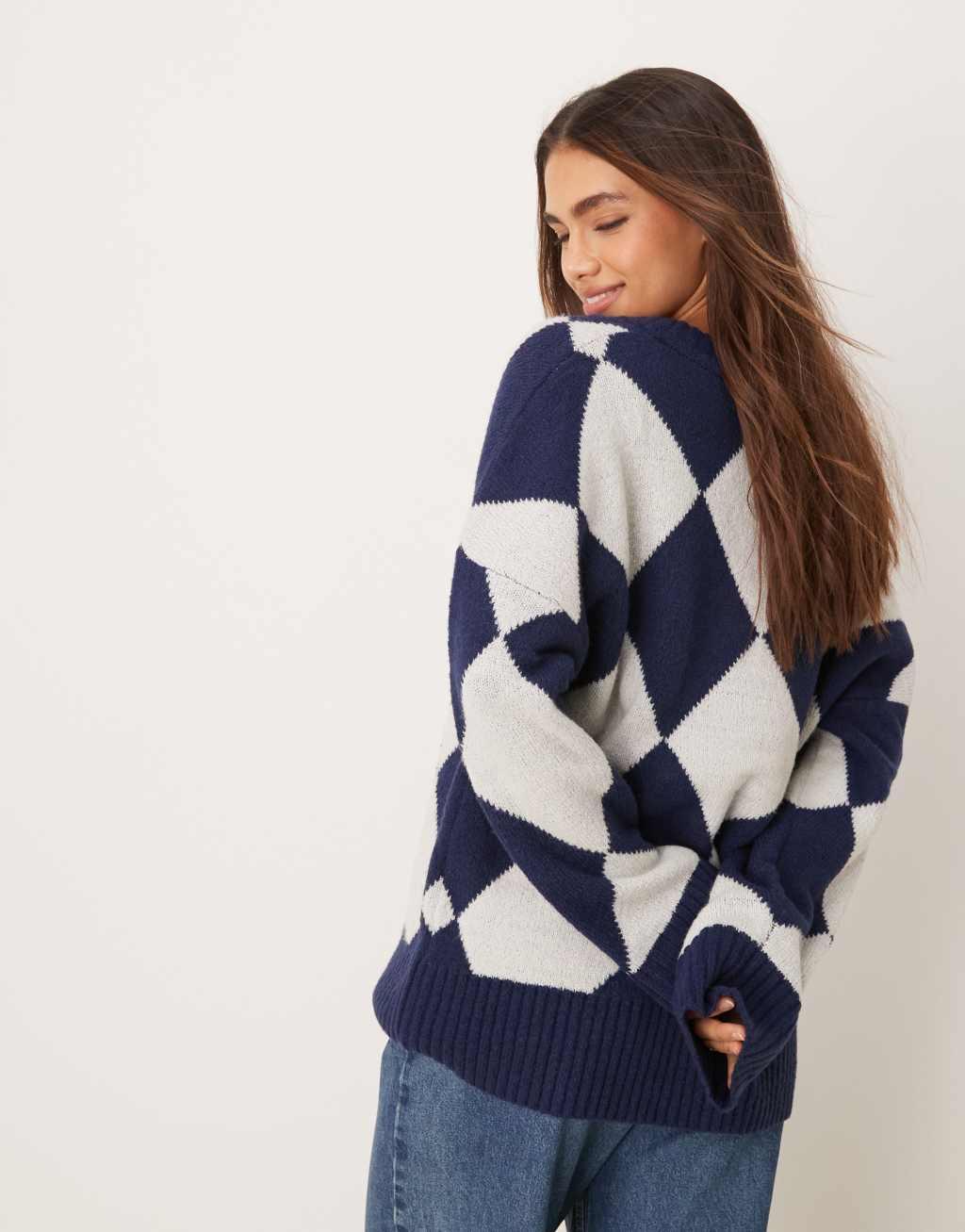 Neon Rose argyle longline cardigan in navy Product Image