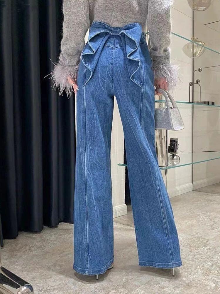 High Waist Bow Accent Straight-Fit Wide-Leg Jeans Product Image