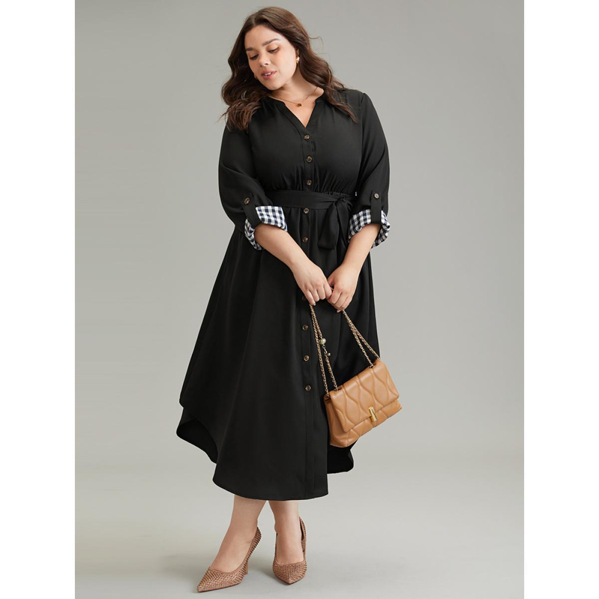 Plus Size Gingham Notched Belted Curved Hem Tab Sleeve Dress Black Women Office Plain Notched collar Long Sleeve Curvy Midi Dress BloomChic 30/6X Product Image