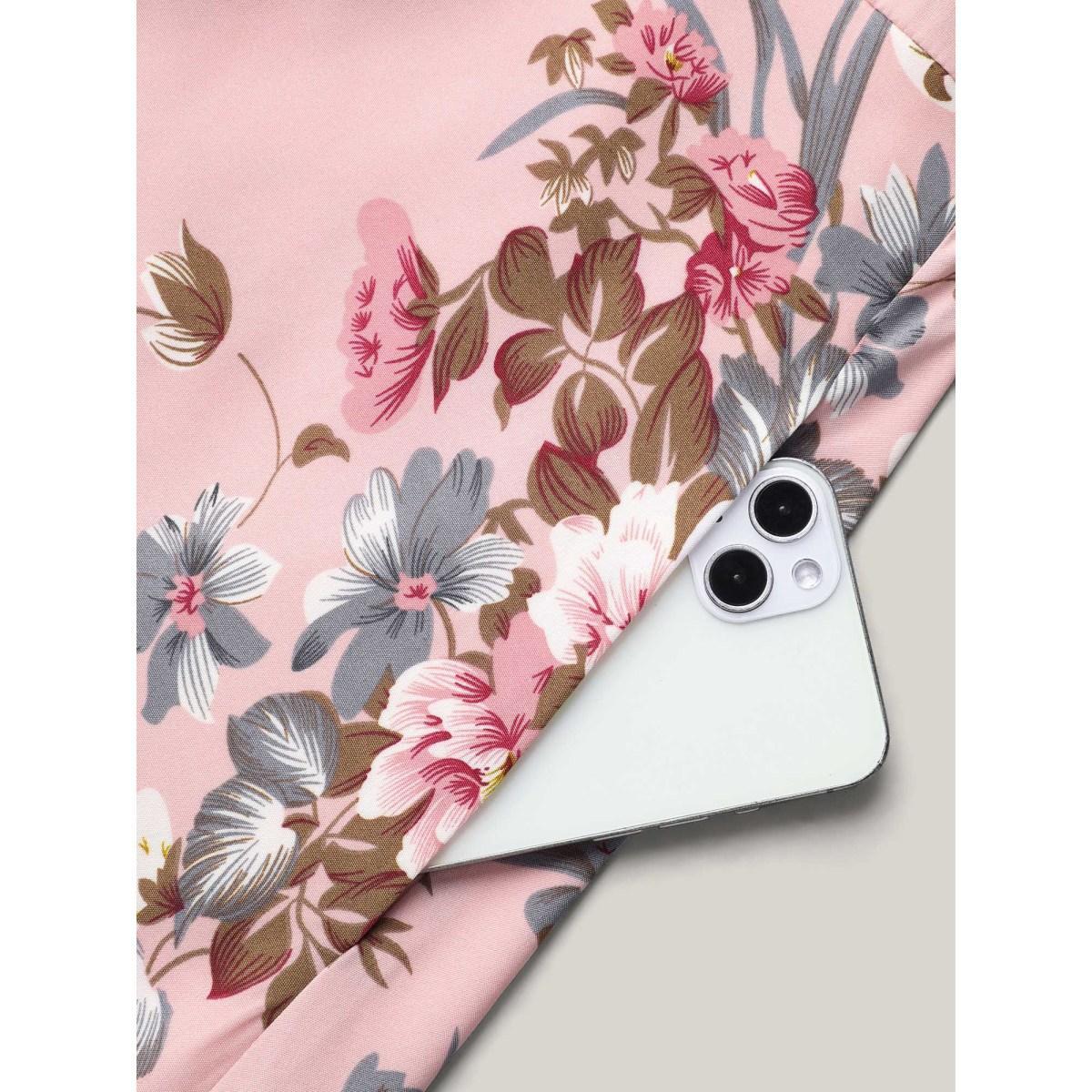 Plus Size Floral Print Spliced Waist Cinched Midi Dress MistyRose Women Elegant See through Round Neck Long Sleeve Curvy BloomChic 14-16/1X Product Image