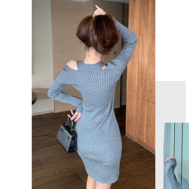 Long-Sleeve Cold Shoulder Halter Neck Knit Mini Dress Product Image
